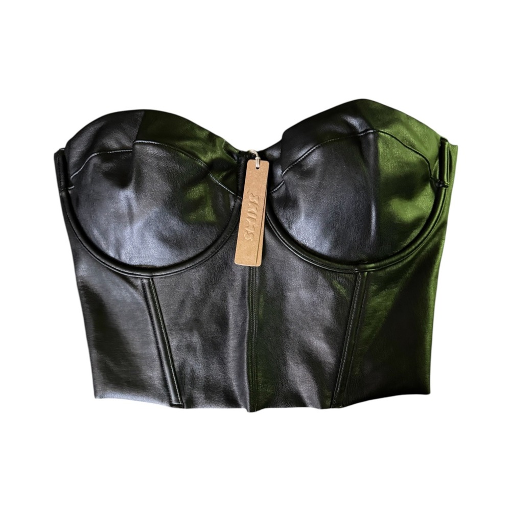 SKIMS Faux Leather Corset Top Women 2X Onyx Black Bustier Snatched Edgy Goth NEW